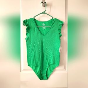 FCTS Green VNeck bodysuit with fringe detail on shoulders. Size Large.